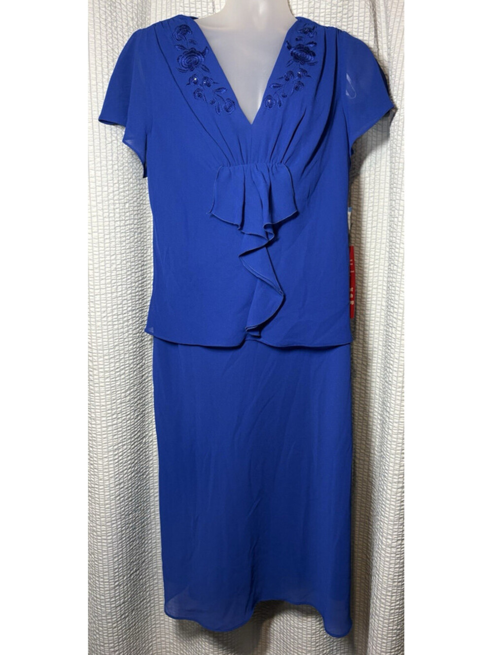 KSL Karin Stevens Women's 14W Cobalt Blue Overlay Dress Beaded Embroidered NWT